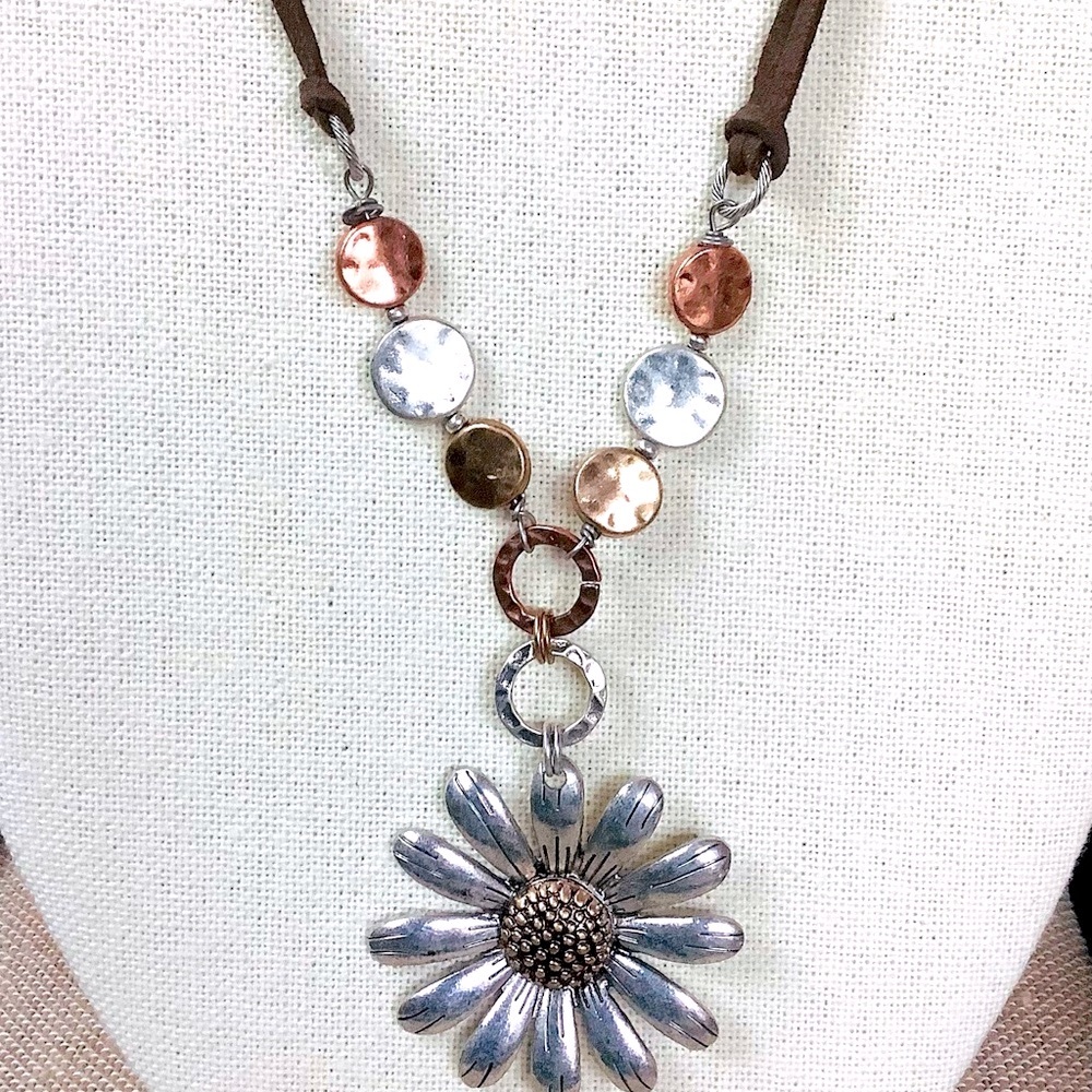 NEW Floral Necklace with dark brown suede cord.